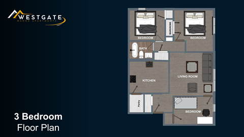 Floor plan for 3 beds, 1 bath, 828 sqft